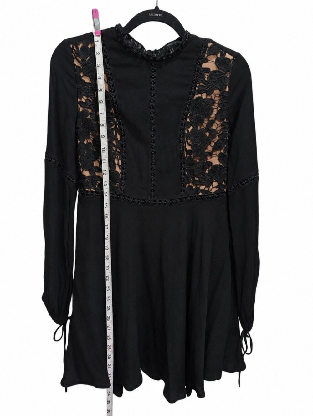 0187 Forever 21 Black Lace Mini Dress Medium Gothic Romantic Long Sleeve Cutout - Picture 12 of 14